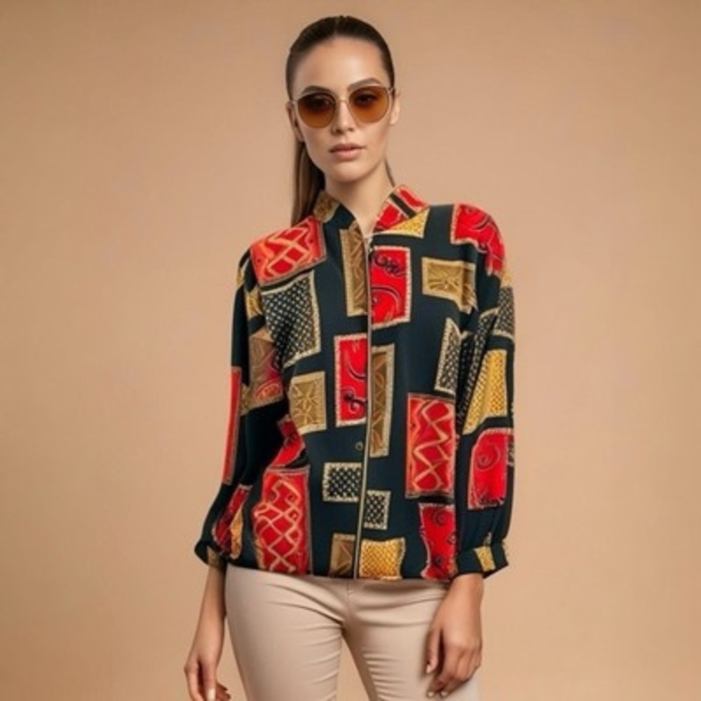 Vintage Kensington Square Black Patchwork Zip-Up Jacket Women XXL